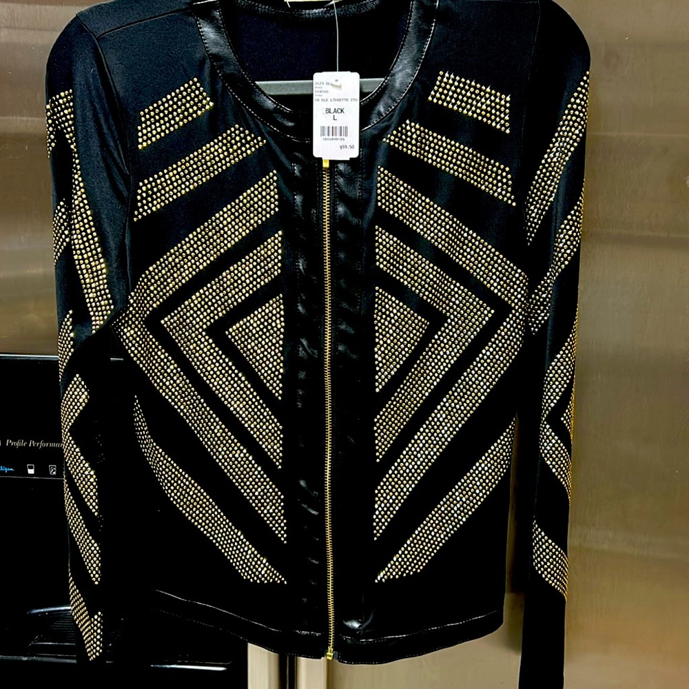 Carmin Gold studded with gold zipper jacket with leather trim